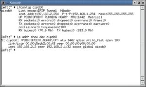 Abbildung 1: Das Cipe-Kernelmodul erzeugt ein neues Netzwerk-Device »cipcb0«. Die Linux-Standardkommandos »ifconfig« und »ip« fördern die aktuellen Daten dieses Device zu Tage.