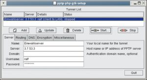 Abbildung 1 : Der Linux-PPTP-Client lässt sich mit Hilfe von »pptpconfig« übersichtlich und bequem grafisch konfigurieren. Das Tool ist in PHP mit GTK-Anbindung implementiert.