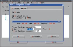 Abbildung 1: Verkleinern einer NTFS-Partition mit dem Acronis Boot Selector.