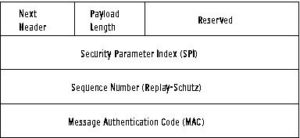 Abbildung 1: Das AH-Protokoll (Authentication Header) sichert die Integrität des Pakets mit einem Message Authentication Code (MAC). Der Paketinhalt bleibt im Klartext lesbar, aber der Empfänger kann jede Änderung entdecken.