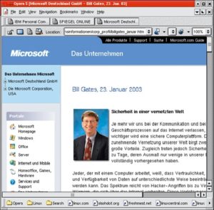 Abbildung 1: Microsoft-Chef Bill Gates spricht auf der Unternehmens-Homepage von Sicherheit einer vernetzten Welt - und will PC-Benutzer deshalb entmündigen.