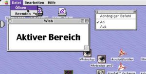 Abbildung 1: MacOS 9 zeigt die Menüs nicht im jeweiligen Fenster, sondern immer am oberen Bildschirmrand an. Auch Tk hält sich an diese Konvention; sogar das Abreißen der Menüs ist implementiert.