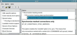 Abbildung 1: Der Schalter für die Ct_sync-Synchronisation versteckt sich in der Kernelkonfiguration unter »Device Drivers | Networking support | Networking options | Network packet filtering | IP: Netfilter Configuration | Connection tracking events«.