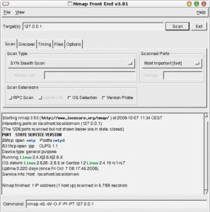 Abbildung 1: Das Nmap-Frontend bewahrt den Admin vor dem Auswendiglernen der vielfältigen Optionen und stellt das Kommando (letzte Zeile) zusammen. Das Textfenster im unteren Drittel sammelt die Ausgaben des Nmap-Scan.