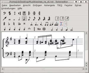 Abbildung 1b: Die zwei Takte aus einem Ragtime während der Eingabe in Noteedit: Die Darstellung der einzelnen Stimmen ist etwas unübersichtlich.