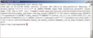 Abbildung 2: Das Apache-Modul Modsecurity wehrt im vorliegenden Beispiel eine SQL-Injection-Attacke erfolgreich ab und vermerkt den Angriff im »error.log« des Webservers. 