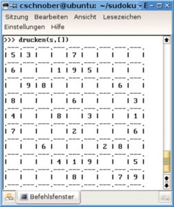 Abbildung 2: Die Funktion »drucken()« (Listing 2) gibt ein als Parameter übergebenes Sudoku auf dem Bildschirm aus.