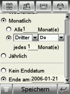 Abbildung 2: Der Terminkalender überrascht mit für Smartphones seltenen Funktionen wie Terminwiederholungen. Die Abbildung zeigt einen Termin, den das Programm jeden dritten Donnerstag einträgt, jedoch nicht nach dem 21. Januar 2006.