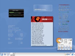 Abbildung 2: Der KDE-Desktop wird mit Hilfe von Superkaramba zur Informationszentrale. Bereits verfügbare Themes verraten aktuelle Nachrichten oder das Wetter ebenso wie Systemdaten.