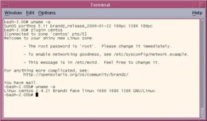 Abbildung 2: Nach dem Einloggen in die Branded Zone zeigt »uname« an, dass es sich um ein Linux-Betriebssystem handelt. Die in der Zone laufende Distribution ist der Red-Hat-Clone Centos.