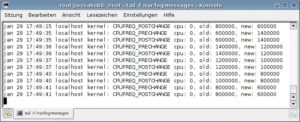 Abbildung 2: Im Syslog zu sehen: Bei jeder Änderung der Prozessortaktfrequenz wird die Notifier-Funktion vom Kernel zweimal aufgerufen, vorher und nachher.