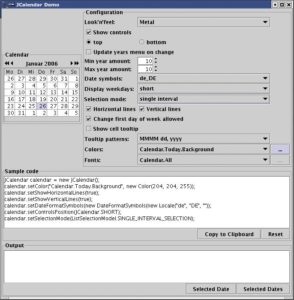 Abbildung 2: Das »JCalendar«-Beispielpro-gramm konfiguriert einen Kalender und generiert dabei den Code für eigene Anwendungen. 
