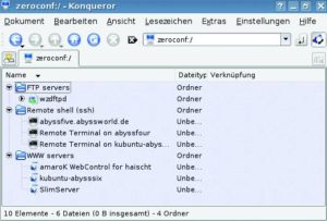 Abbildung 2: Ein KIO-Slave-Modul verleiht dem Konqueror Zeroconf-Fähigkeiten. Die Pseudo-URL »zeroconf:/« bindet alle Dienste baumartig ein.