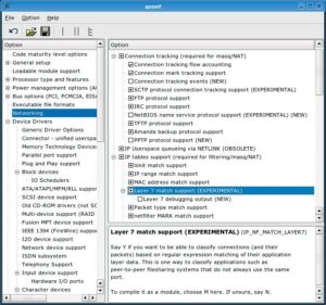 Abbildung 2: Die Konfiguration für L7, Netfilter und QoS liegt verstreut in mehreren Ästen von Qconf. Der »Layer 7 match support« versteckt sich unter »Networking | Networking support | Networking options | Network packet filtering | IP: Netfilter Configuration |IP tables support«.