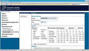 Abbildung 2: Die wichtige Backup-Funktion hat Transparent Solutions gut umgesetzt. Die Konfigurationsoberfläche erlaubt zeitgesteuerte Sicherungen auf lokale Medien, etwa mit dem integrierten DVD-Brenner.