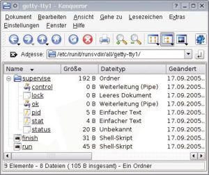 Abbildung 2: Das Heimatverzeichnis eines Service unter Runit. Neben den beiden Startskripten »run« und »finish« sammelt ein Unterverzeichnis Meta-Informationen.