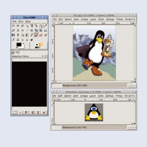 Abbildung 2: Gimp unterscheidet mit einer Sonderform des MDI zwischen Dokument- und Anwendungsbezogenen Funktionen und stattet seine Toplevel-Windows mit den entsprechenden Menüs aus.