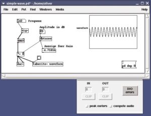 Abbildung 2: Das obere Fenster enthält einen einfachen Synthesizer mit Lautstärke- und Frequenzregelung und Visualisierung der Schwingung. Halb verdeckt ist in der unteren Hälfte das Pd-Hauptfenster zu sehen.
