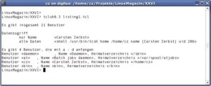 Abbildung 2: Die Ausgabe von Listing 1. Das Beispielprogramm verwendet das neue »dict«-Kommando, um den Inhalt der Passwortdatei auszuwerten. Es zählt die User, fragt einen speziellen Account ab und listet alle Benutzer, deren Namen mit A bis D beginnen.