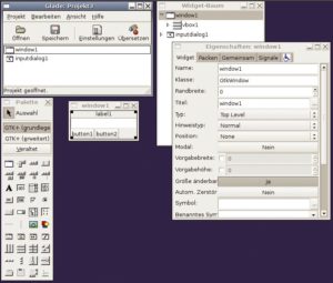 Abbildung 2: Der GUI-Designer Glade öffnet mehrere Fenster. Er speichert GUI-Beschreibungen in einem XML-Format oder generiert Code in verschiedenen Sprachen. Das moderne UI-Manager-Interface beherrscht er nicht.
