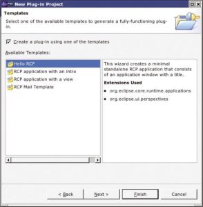 Abbildung 2: Für Rich-Client-Plugins bringt Eclipse verschiedene vorgefertigte Templates mit, die unterschiedliche Komplexität besitzen, vom einfachen Hello World bis zur umfassenden Mail-Anwendung.