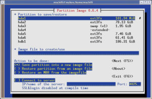Abbildung 2: Das Tool »partimage« archiviert die Daten roher Festplattenpartitionen und restauriert sie im Bedarfsfall auch wieder. 