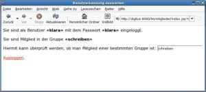 Abbildung 2: Hat sich der Benutzer angemeldet, erhält das JSP dank Tomcat Zugriff auf Benutzernamen, Passwort und Rollen. Die Authentifizierungsdaten liegen zentral im LDAP-Verzeichnis.