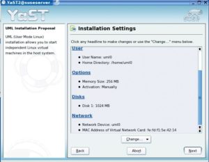 Abbildung 2: Der Suse Linux Enterprise Server 9 enthält vielfältige grafische Konfigurationsmöglichkeiten. Besonders interessant ist die Option, mit Yast ein User Mode Linux zu konfigurieren.