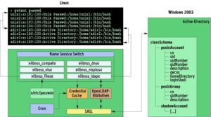 Abbildung 2: Der Name Service Switch zapft das Active Directory mit Hilfe von Nss_ldap an. Aus ihm liest er die Werte von Attributen, die der Admin mit Schema-erweiternder Software nachträglich hinzugefügt hat. Die SASL-Schicht ergänzt LDAP-Anfragen um Kerberos-Schutz.