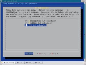 Abbildung 2: Auswahl der IO-Scheduler bei der Kernelkonfiguration. Sind alternative IO-Scheduler Teil des Kernels, kann der Benutzer sie zur Laufzeit über das Sys-Filesystem austauschen.