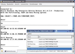 Abbildung 2: Eine Oracle-Tabelle mit Timestamps: In SQLPlus wird der Inhalt korrekt wiedergegeben, die Tabellenansicht des Konverters serviert stattdessen Java-Fragmente.