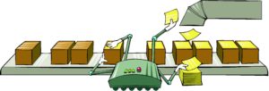 Abbildung 2: In der Tocken-Bucket-Theorie leitet ein Förderband die Netzwerkpakete am Filter vorbei. Der Filter muss jedes Paket mit einem Token versehen (Aufkleber). Die Aufkleber kommen in regelmäßigen Abständen aus dem Rohr, als Reserve gibt es den Stapel.