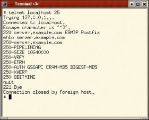 Abbildung 2: In einer Telnet-Sitzung verrät Postfix per »250-AUTH«-Ausgabe, welche SASL-Mechanismen es unterstützt. Dieser Server beherrscht »GSSAPI«, »CRAM-MD5« und »DIGEST-MD5«.