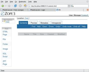 G Abbildung 2: Das Zope Management Interface (ZMI) von X3. Eigene Webanwendungen passen dieses Frontend an den konkreten Bedarf an.