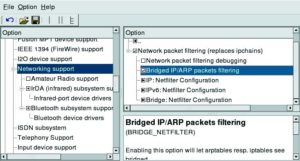 Abbildung 2: In der Netfilter-Kernelkonfiguration muss die Option »Bridged IP/ARP packets filtering« aktiviert sein, um Firewalling auf der Bridge zu erlauben.