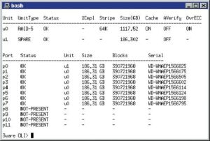 Abbildung 2: Mit dem Command Line Interface »tw_cli« von 3Ware hat der Administrator unter Linux vollständigen Zugriff auf alle Funktionen des Controller-Bios, zum Einrichten des Raid oder Austauschen einer Festplatte ist kein Neustart des Rechners erforderlich.