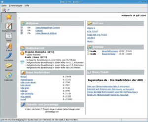 Abbildung 2: Nach dem Start präsentiert Kontact eine Übersicht mit aktuellen Terminen, neuen Mails, Aufgaben, Notizen, Nachrichten und Wetterbericht. Über die Icons links erreicht der Benutzer die integrierten Applikationen wie Mail- oder News-Client und Kalender.