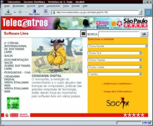 Abbildung 2: Homepage des Telecentro-Projekts von S?o Paulo. Fast alle Telecentros sind mit GNU/Linux ausgestattet, was die Kosten reduziert und besser mit dem Gedanken des freien Zugangs zu Wissen vereinbar ist als proprietäre Software.