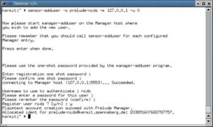 Abbildung 2: Prelude-Sensoren müssen sich bei ihrem Manager registrieren: »sensor-adduser« erledigt dies und authentifiziert den Sensor auch. Beim Erstkontakt tippt der Admin das One-Shot-Passwort ein, das er per »manager-adduser« erfahren hat. Danach läuft die Authentifizierung automatisch.