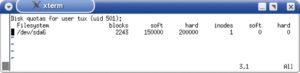 Abbildung 2: Mit dem Aufruf »edquota« setzt der Administrator in diesem Beispiel Quota Limits für den Benutzer »tux«.