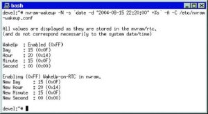 Abbildung 2: Beim Probeaufruf müssen die von »nvram-wakeup« angezeigten Zeiten übereinstimmen: Oben die gerade im Bios eingestellte Einschaltzeit, unten die vom Programm ermittelte.
