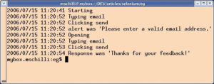Abbildung 2: Das Testskript »emailcheck« steuert über Selenium einen Firefox-Browser. Es simuliert die Eingabe einer ungültigen E-Mail-Adresse und gibt die Antwort des Webservers aus.