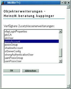 Abbildung 2: Die Benutzerkonten im E-Directory werden um die Zusatzklasse »posixAccount« erweitert, um die RFC-2307-Attribute zu speichern.