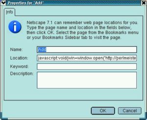 Abbildung 2: Mit Javascript lässt sich ein Toolbar-Shortcut definieren, der Titel und URL der gegenwärtig dargestellten Browserseite an das Bookmark-Skript übergibt.