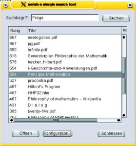 Abbildung 2: Die Oberfläche Ssst (Swish-E Simple Search Tool) sucht nach dem Philosophen Frege in einer Sammlung philosophischer Texte.
