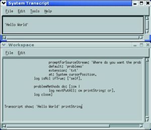 Abbildung 2: "Hello World" in IBMs Visual Age Smalltalk mit einem Workspace- und Transcript-Fenster.