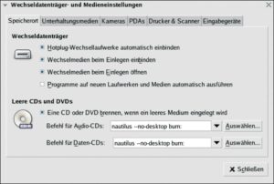 Abbildung 2: Hinter den Kulissen des Gnome Volume Manager arbeiten Udev, HAL und D-Bus zusammen. Hier das Frontend»gnome-volume-manager-properties«, mit dem Reiter, der das Verhalten beim Anschluss von Wechselfestplatten regelt.