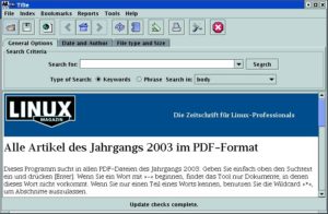 Abbildung 2: Der auf Lucene basierende Docsearcher durchsucht mit einer grafischen Oberfläche den Jahrgang 2003 des Linux-Magazins.
