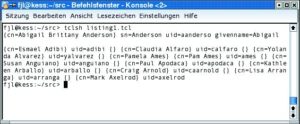 Abbildung 2: Das Ergebnis der Suchanfrage von Listing 1. Die »LdapSearch«-Funktion liefert eine Liste mit den Attributen der gefundenen Einträge. Leere Listenelemente »{}« trennen die Einträge voneinander.