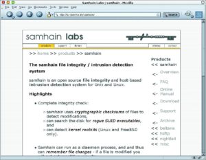 Abbildung 2: Das Intrusion-Detection-System (IDS) Samhain (hier die Projekt- Homepage) erkennt Manipulationen an Dateien. Dazu bietet es viele Funktionen.